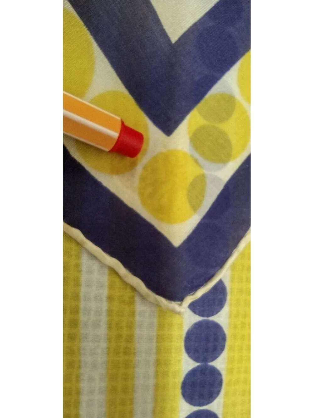Vintage 1950s Pure Silk Handkerchief Royal Blue Polka Dot White & Yellow Stripes